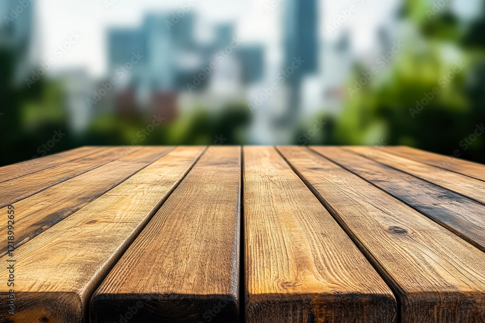 Poster wooden table with a city skyline in the background. the table is empty and has a lot of space