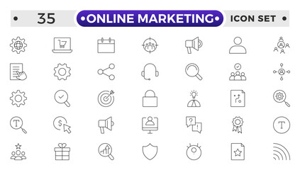 Online marketing and SEO outline icons set. Marketing & Search Engine Optimization outline icons collection. Website, search, mail, analysis, content, strategy, development, store.