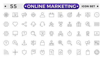 Online marketing and SEO outline icons set. Marketing & Search Engine Optimization outline icons collection. Website, search, mail, analysis, content, strategy, development, store.