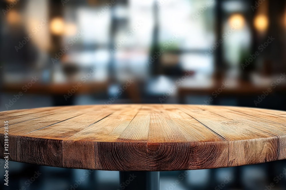 Poster wooden table with a city skyline in the background. the table is empty and has a lot of space