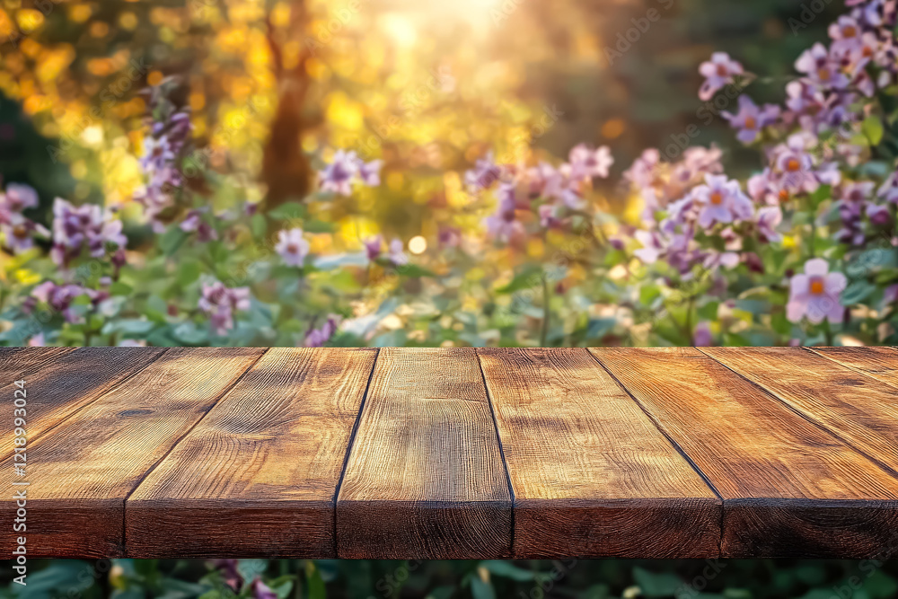 Poster wooden table with a view of a field of flowers. the table is empty and the flowers are in the backgr