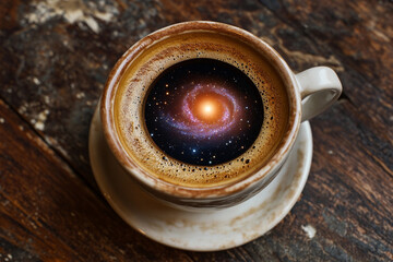 Coffee cup with swirling galaxy design creating an imaginative cosmic effect in a cozy cafe setting
