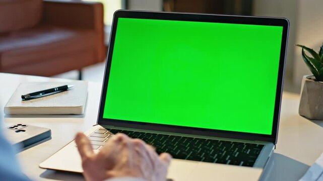 Manager hands scrolling mockup laptop touchpad working remotely at home closeup