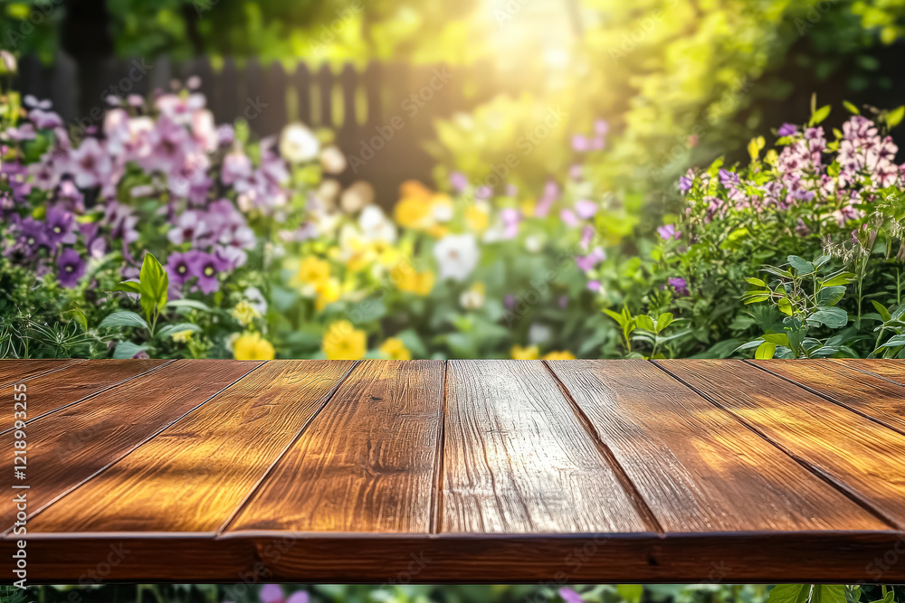 Poster wooden table with a view of a field of flowers. the table is empty and the flowers are in the backgr