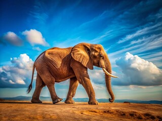 Majestic Elephant Profile, Drone View, Blue Sky Background - Stock Photo