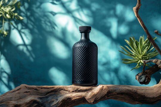 A minimalistic black gin bottle with embossed texture, placed on a wooden surface against a blue background with shadows and greenery