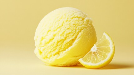 Yellow Lemon Sorbet with Fresh Lemon Slice on a Yellow Background