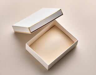 Open jewelry box on table, mockup template. Luxury package for expensive gift, engagement gold ring, diamond. Wedding, romantic concept.