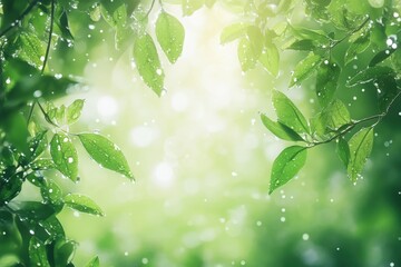 Obraz premium Radiant droplets dance on lush green leaves in soft light