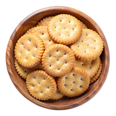 Round salted crackers in wooden bowl top view