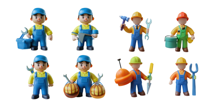 Colorful Builder Characters for Creative Projects, PNG collection, set bundle, isolate on transparent or white background