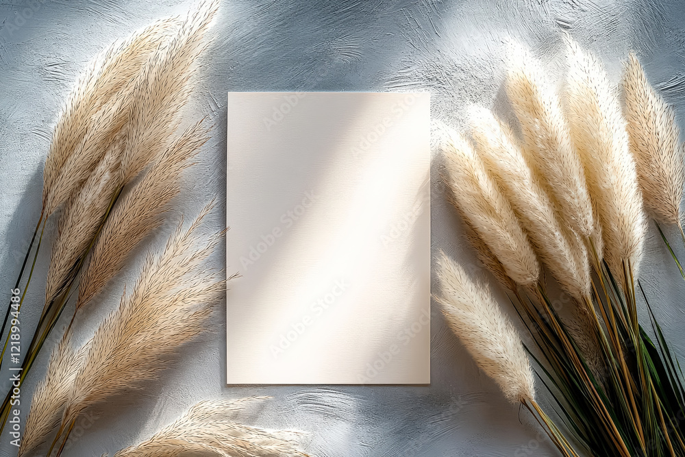Poster white sheet of paper sits on a table next to a bunch of straw. the paper is blank, and the straw is 