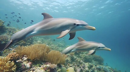 Dolphins swimming near coral reef in ocean; underwater wildlife scene for nature documentaries
