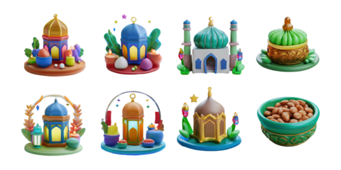 Colorful 3D Decorative Islamic Structures and Objects, PNG collection, set bundle, isolate on transparent or white background