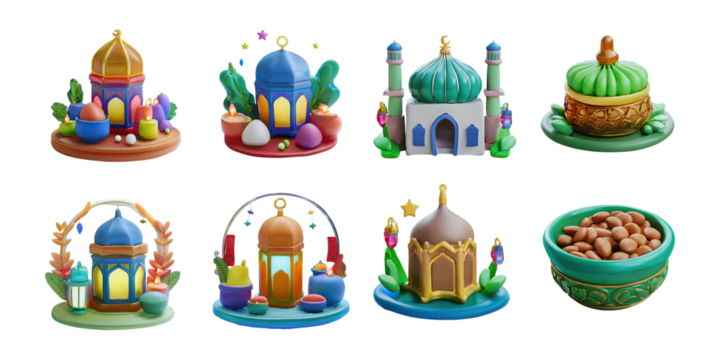 Colorful 3D Decorative Islamic Structures and Objects, PNG collection, set bundle, isolate on transparent or white background