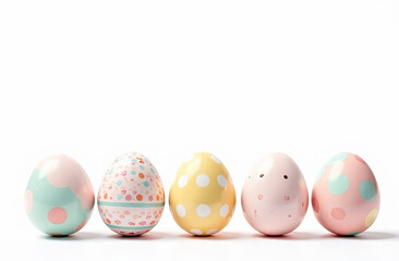 Fototapeta premium At the bottom of the image are eggs with free space on top of image for text, spring pattern on the eggs, pastel colors, white background.