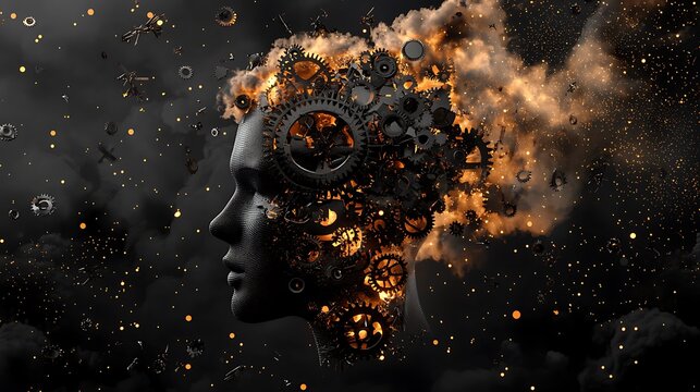 Mechanical Mind Exploding Gears, Dark Background, Abstract Concept Art for Tech