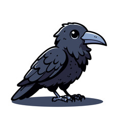 A standing raven looking to the side, portrayed in a simple cartoon style. Isolated vector illustration great for logos, branding, and storytelling visuals.