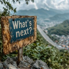 Obraz premium A weathered road sign reading 'What's next?' stands on rocky terrain overlooking a valley and distant mountains