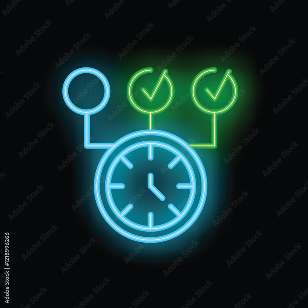 Poster neon icon representing time management and task completion with glowing clock and check marks