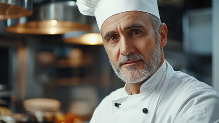 Portrait of a middle-aged man in a chef's uniform, restaurant kitchen background, confident gaze into the camera