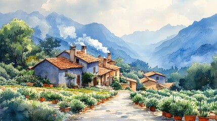 Fototapeta premium Charming countryside landscape with quaint cottages and majestic mountain views