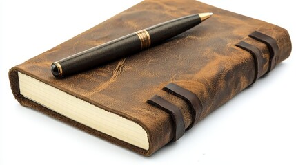 A stylish leather-bound journal with a pen on top, placed on a white isolated background