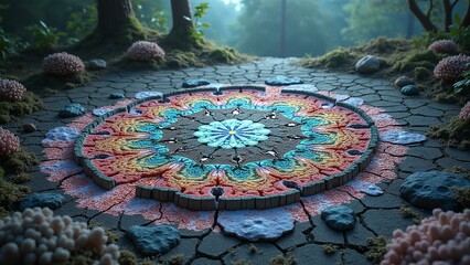 Dark cracked desert sand underlies vibrant coral reef with haircap moss and shiitake fungi