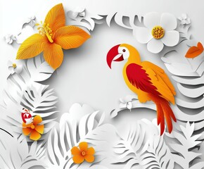 Fototapeta premium Vibrant tropical scene with a parrot among paper flowers