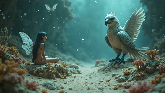 Fairy sits alone on ancient coral amidst eerie atmosphere of ice and decay