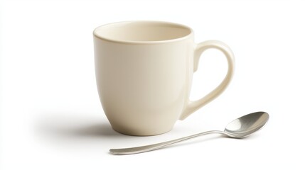 Obraz premium A close-up of a simple but elegant coffee mug with a spoon beside it on a white isolated background