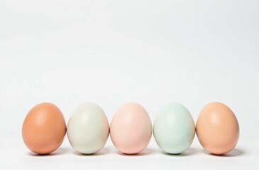 At the bottom of the image are eggs with free space on top of image for text, spring pattern on the eggs, pastel colors,  white background.