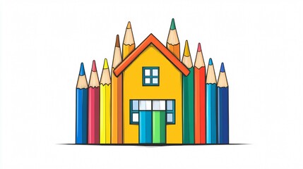 Color Pencils Shaped House Home Education Vector Illustration