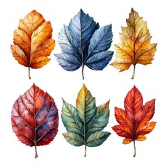 Watercolor autumn leaves collection with vibrant colors and detailed textures