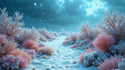Vibrant coral reefs hidden within iridescent desert sand dunes, wispy strands of Irish moss tangled with delicate truffle fungi, icy sleet flakes suspended above intricate savannah patterns, ancient e