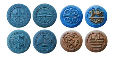 Decorative Seal Designs in Blue and Brown Tones, PNG collection, set bundle, isolate on transparent or white background