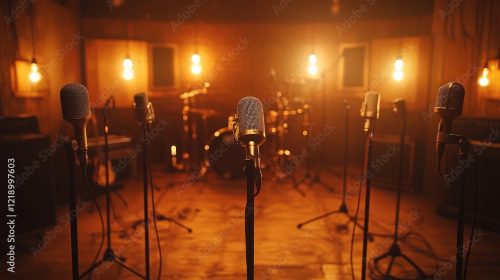 Aufkleber a spacious studio with an array of microphones on stands, illuminated by warm lighting, ideal for vo