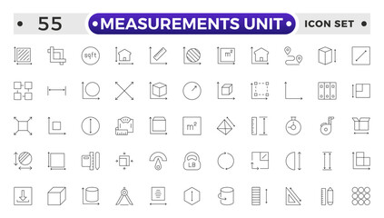 Measurement outline icons set with Measure, Area, Dimension, Distance, Diameter, Meter, Width, Radius, Length, weight and volume. Contains such icons as ruler, m2, area and more.