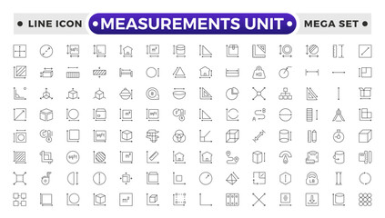 Measurement outline icons set with Measure, Area, Dimension, Distance, Diameter, Meter, Width, Radius, Length, weight and volume. Contains such icons as ruler, m2, area and more.