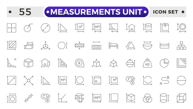 Measurement outline icons set with Measure, Area, Dimension, Distance, Diameter, Meter, Width, Radius, Length, weight and volume. Contains such icons as ruler, m2, area and more.