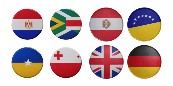 National Flags on Round Badges Set, PNG collection, set bundle, isolate on transparent or white background