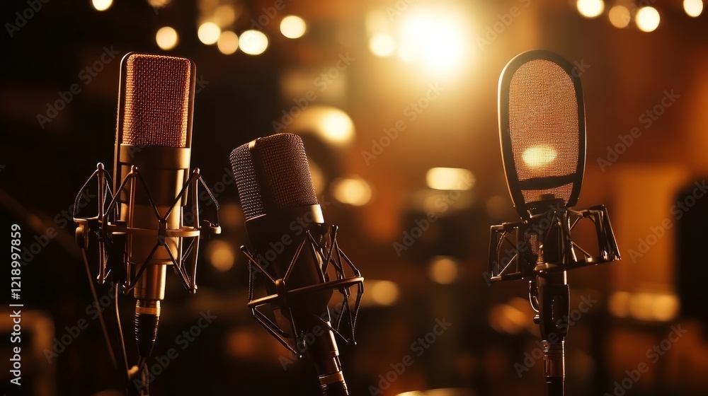 Poster a spacious studio with an array of microphones on stands, illuminated by warm lighting, ideal for vo