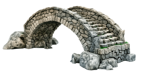 Double-Curved Stone Arch Bridge with Stairs: Handcrafted Natural Rockwork Design Featuring Rustic Aesthetic and Historic Architectural Detail.