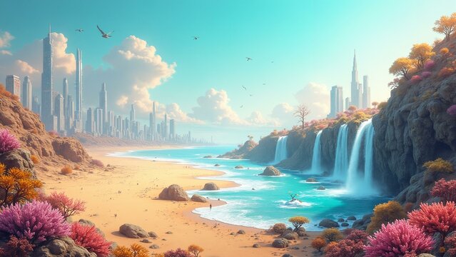 Vibrant sand dunes meet futuristic cityscape with coral reef in distance