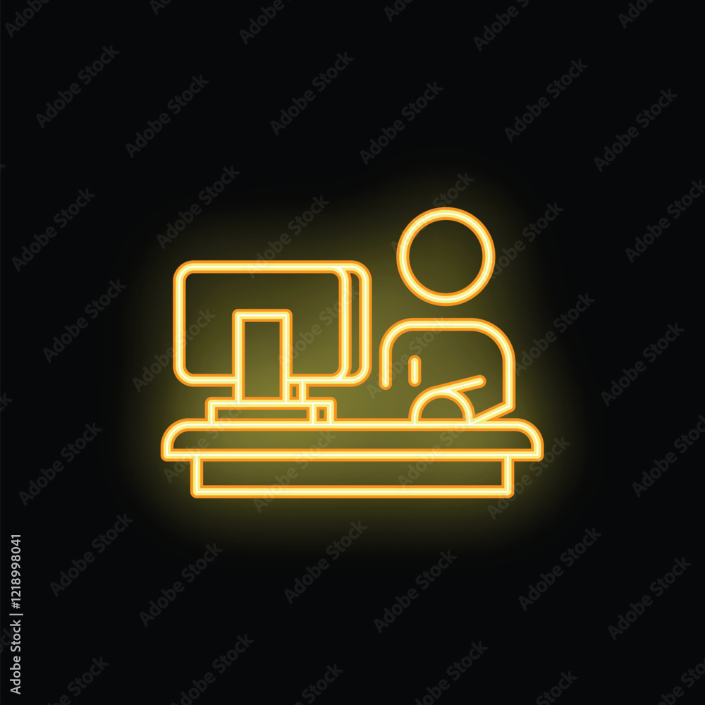 Poster yellow neon icon of office worker siting at the table and working on computer