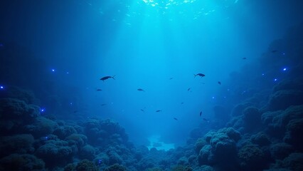 Obraz premium Glowing Bioluminescent Reef Scene with Schools of Fish and Coral Formations