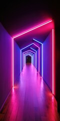 Colorful neon lights illuminate a modern hallway corridor