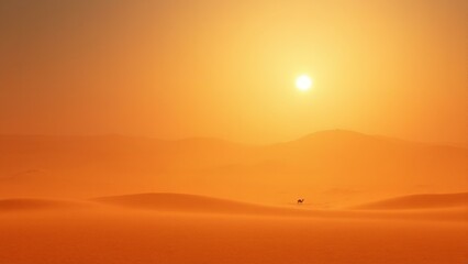 Obraz premium Majestic sand dunes meet the fiery desert sky with a solitary camel's path