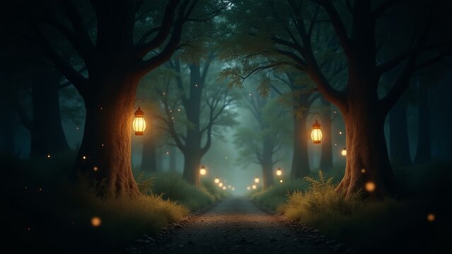Lanternlit trees with glowing fireflies amidst autumn foliage and misty atmosphere