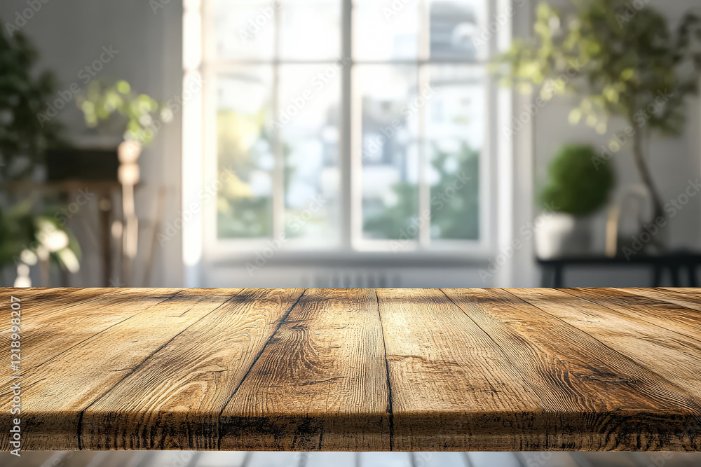 Poster wooden table with a view of a window and a potted plant. the table is empty and the room is bright a